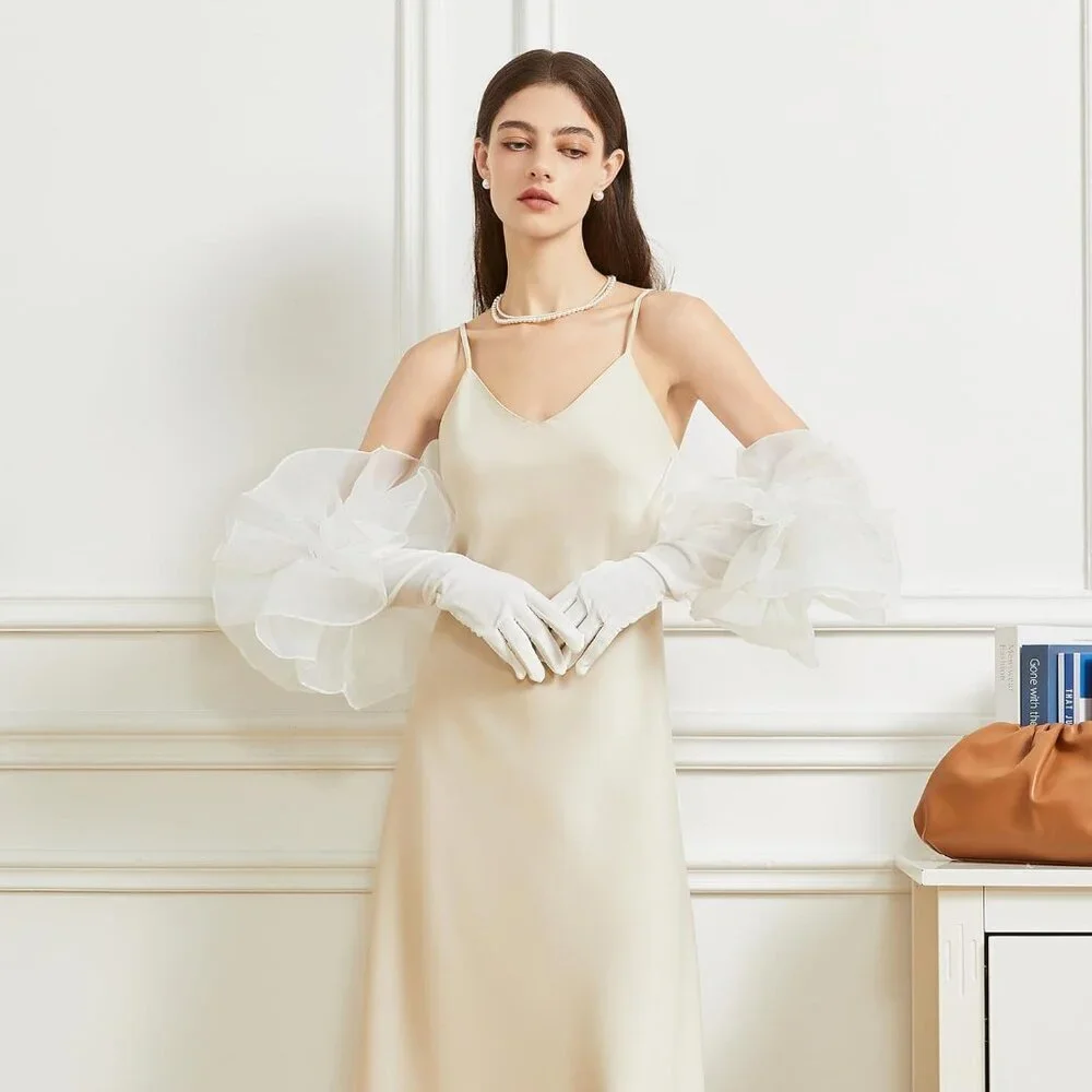 Women's Velvet White 50cm Satin Tulle  Puff Long Gloves Banquet Wedding Party